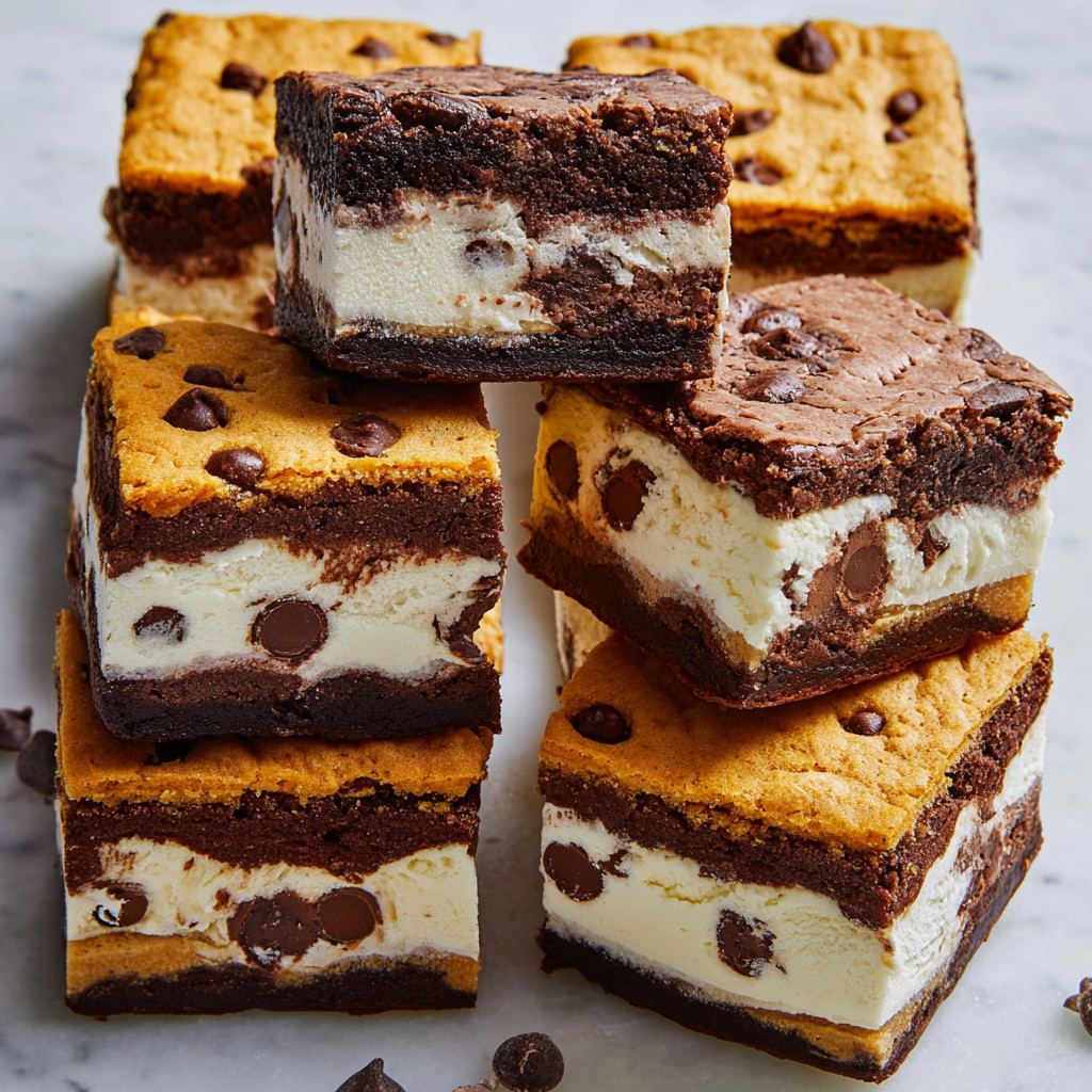 A stack of four brownies with white icing.