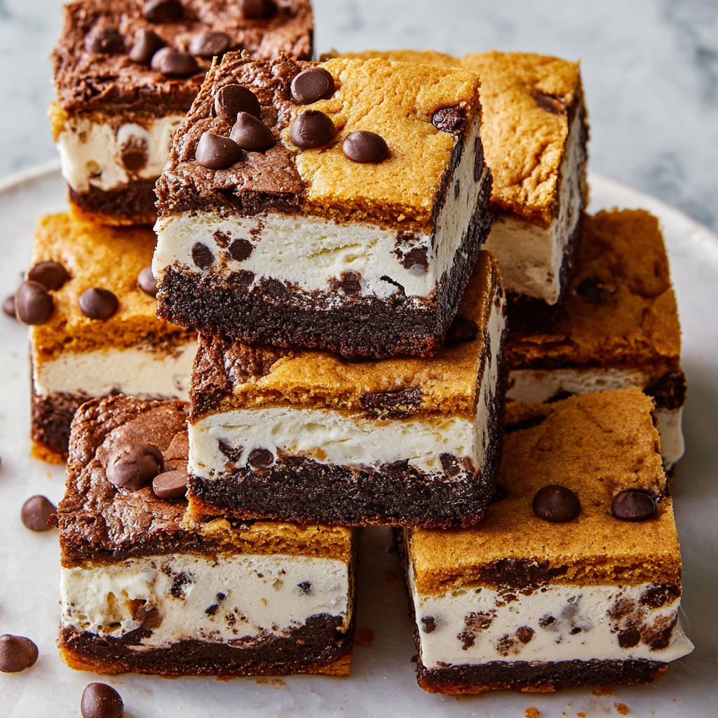 A stack of brownies with chocolate chips and ice cream in between.