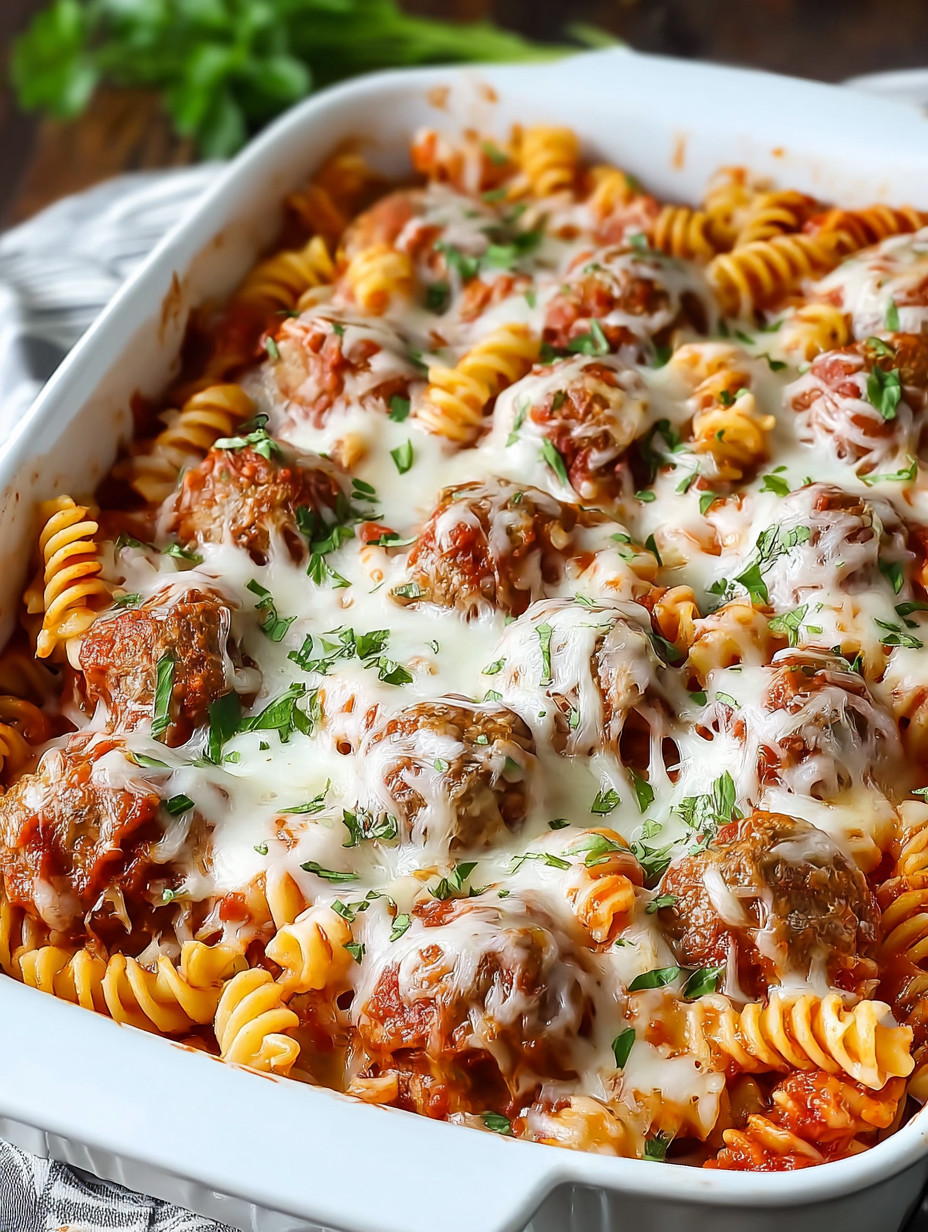 A casserole with meatballs and pasta.