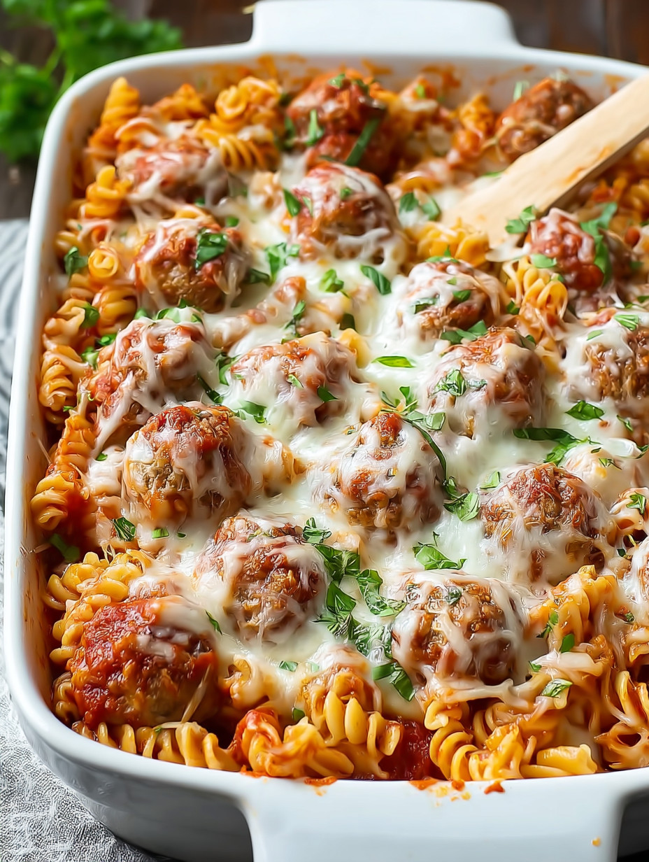 A close up of a meatball casserole with cheese and sauce.
