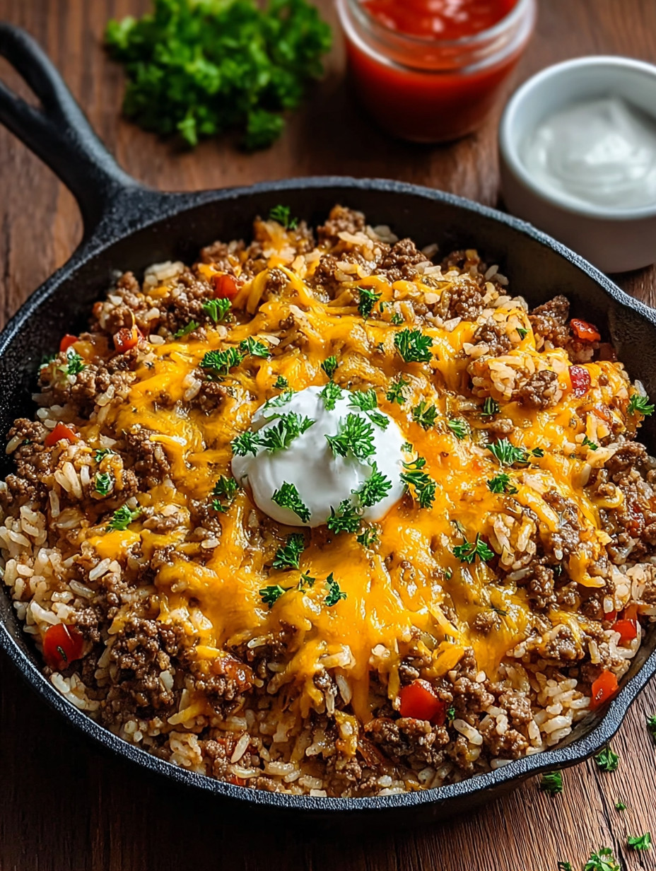 A delicious cheesy beef and rice skillet delight.