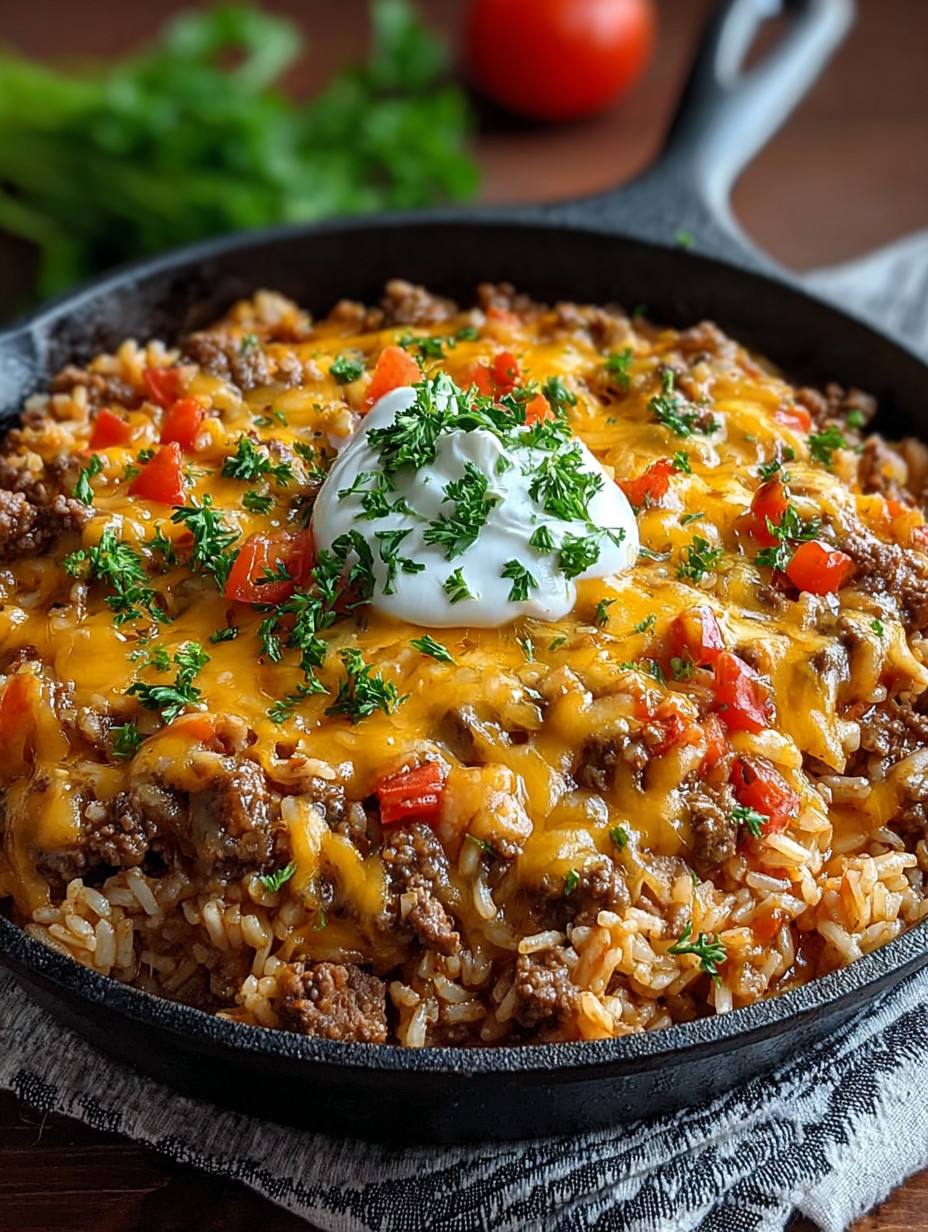 A delicious cheesy beef and rice skillet delight.