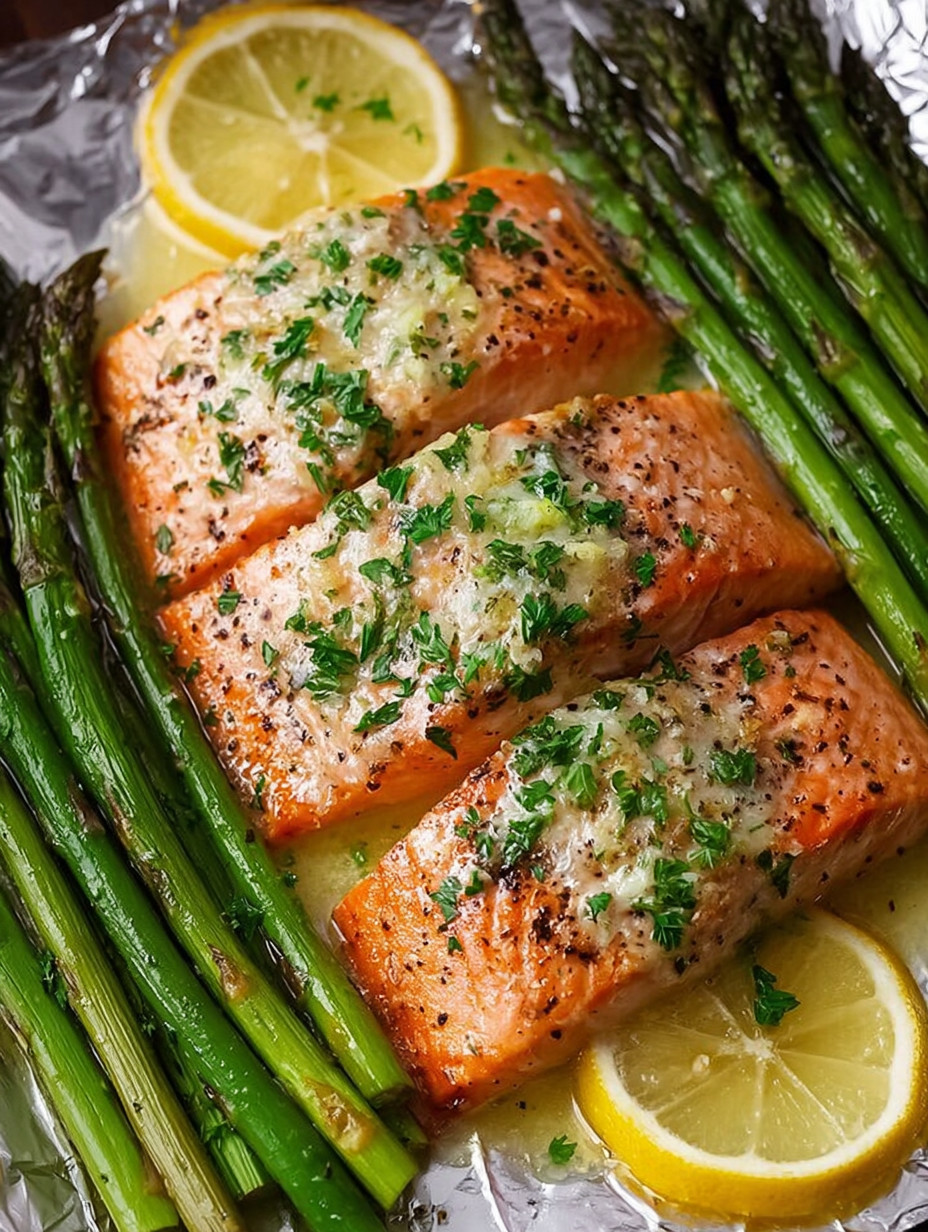 Baked salmon with asparagus and lemon garlic butter sauce.