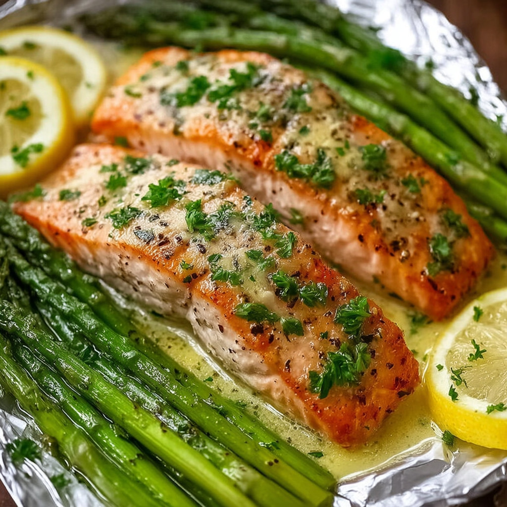 A piece of salmon with lemon garlic butter sauce and asparagus.