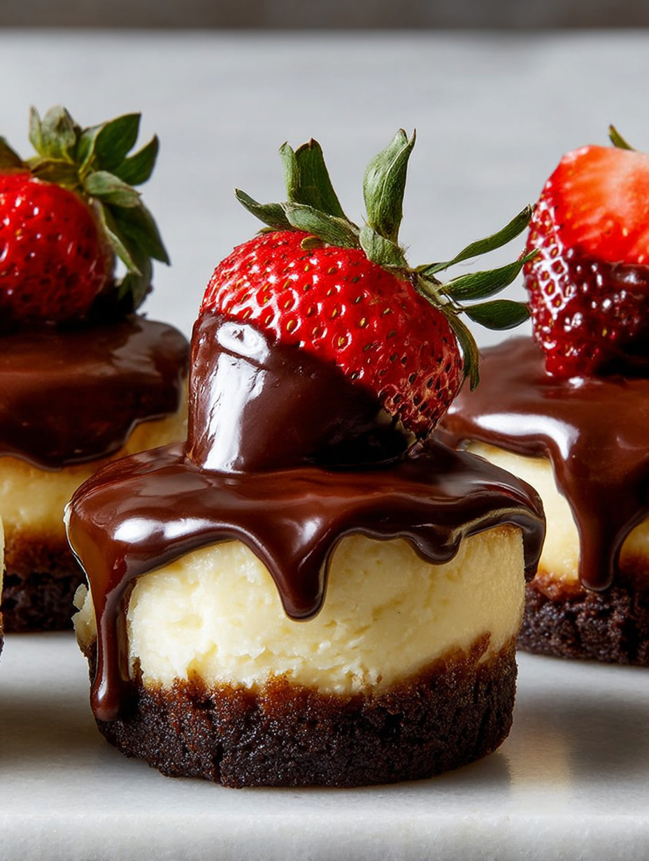 Three chocolate-covered strawberry cheesecakes.