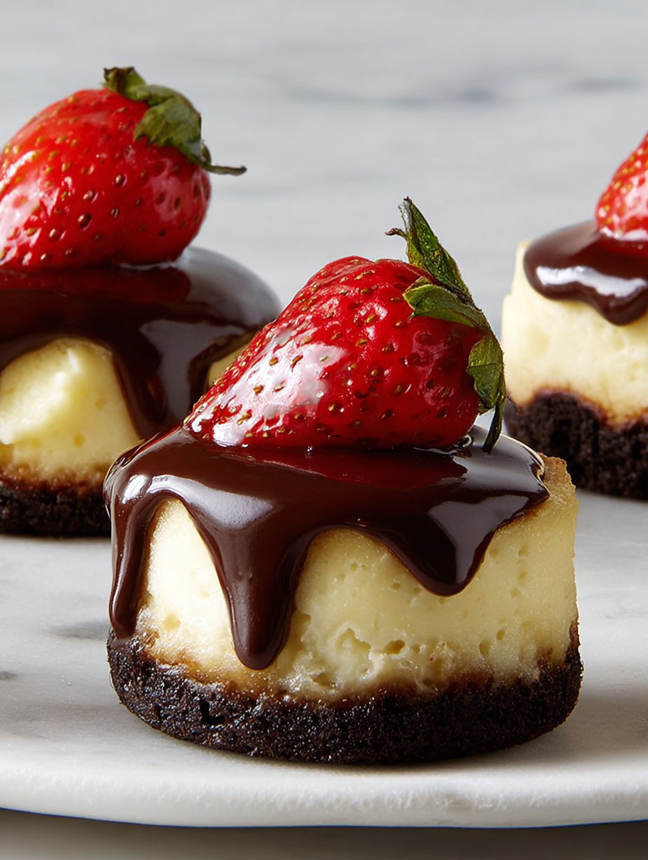 Three chocolate-covered strawberry cheesecakes.