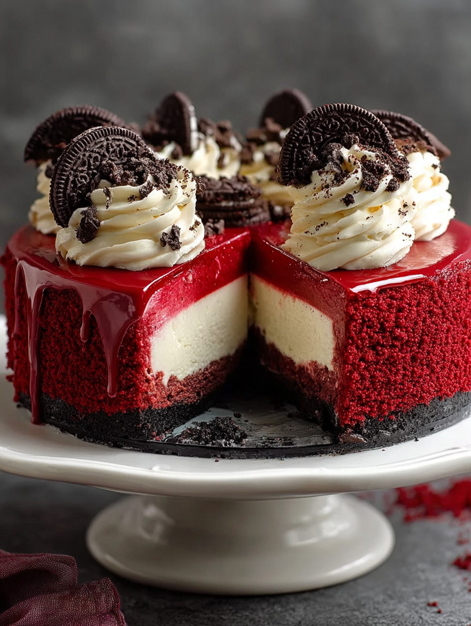 A slice of red velvet cheesecake.