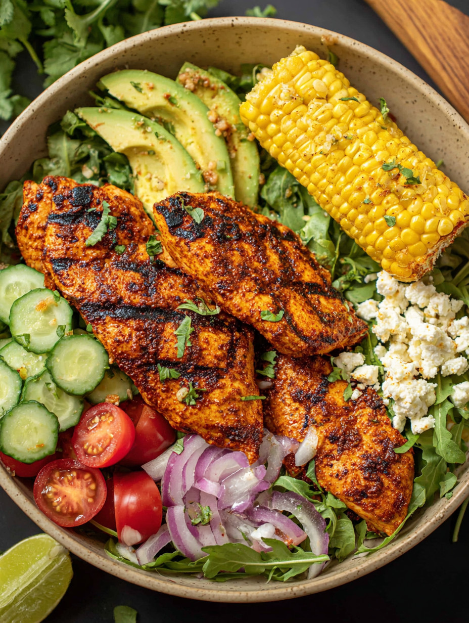 A bowl of grilled chicken with vegetables.