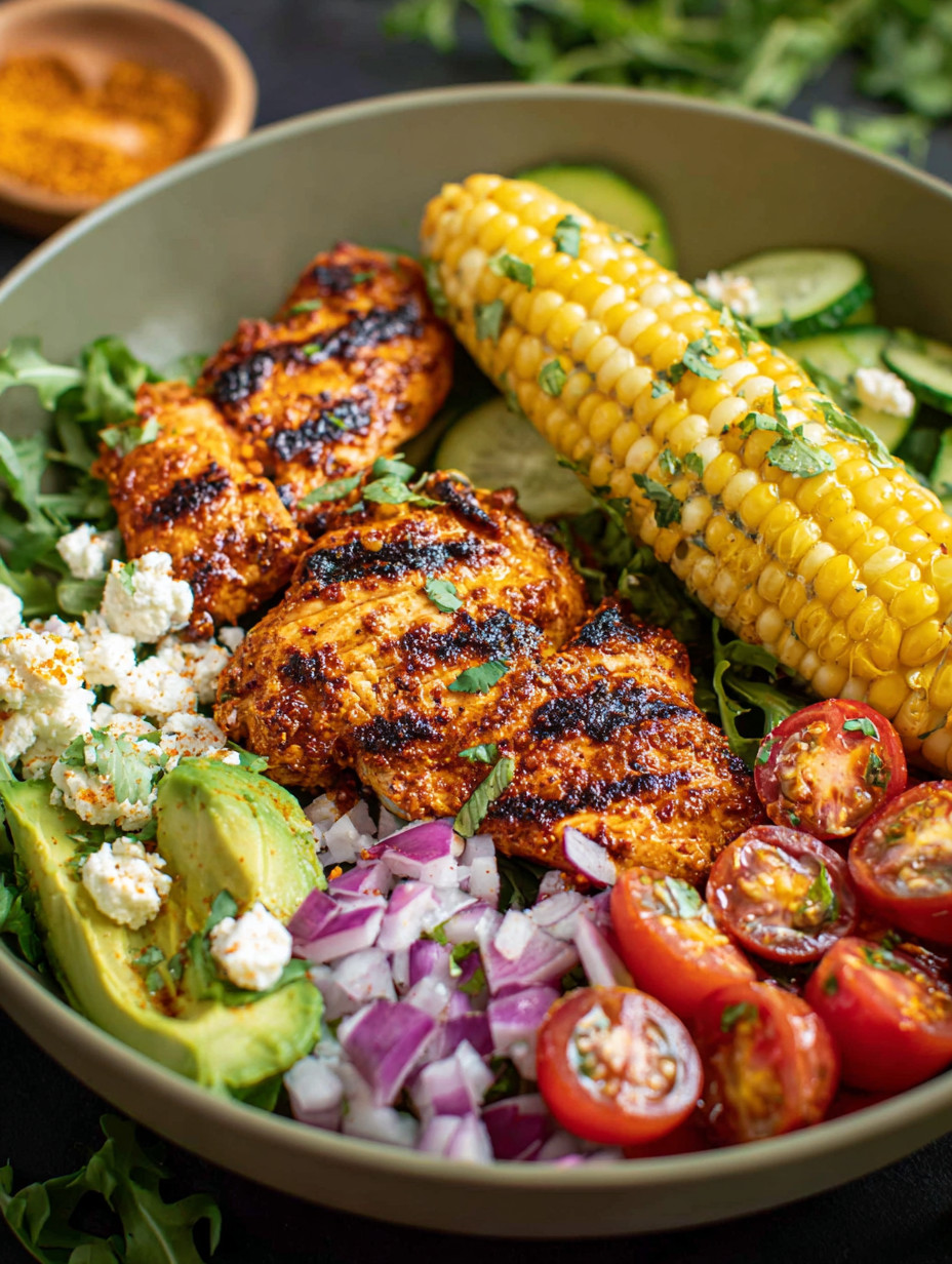 A bowl of grilled chicken with onions and tomatoes.