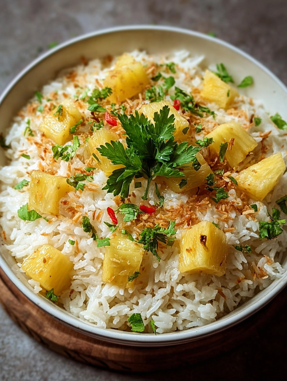 A bowl of rice with pineapple and coconut.