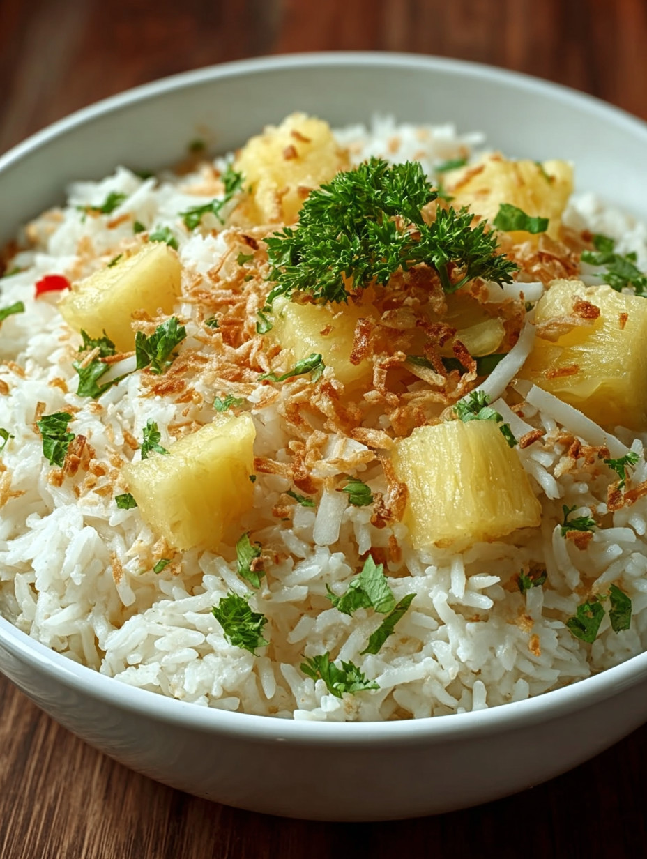 A bowl of rice with pineapple and coconut.