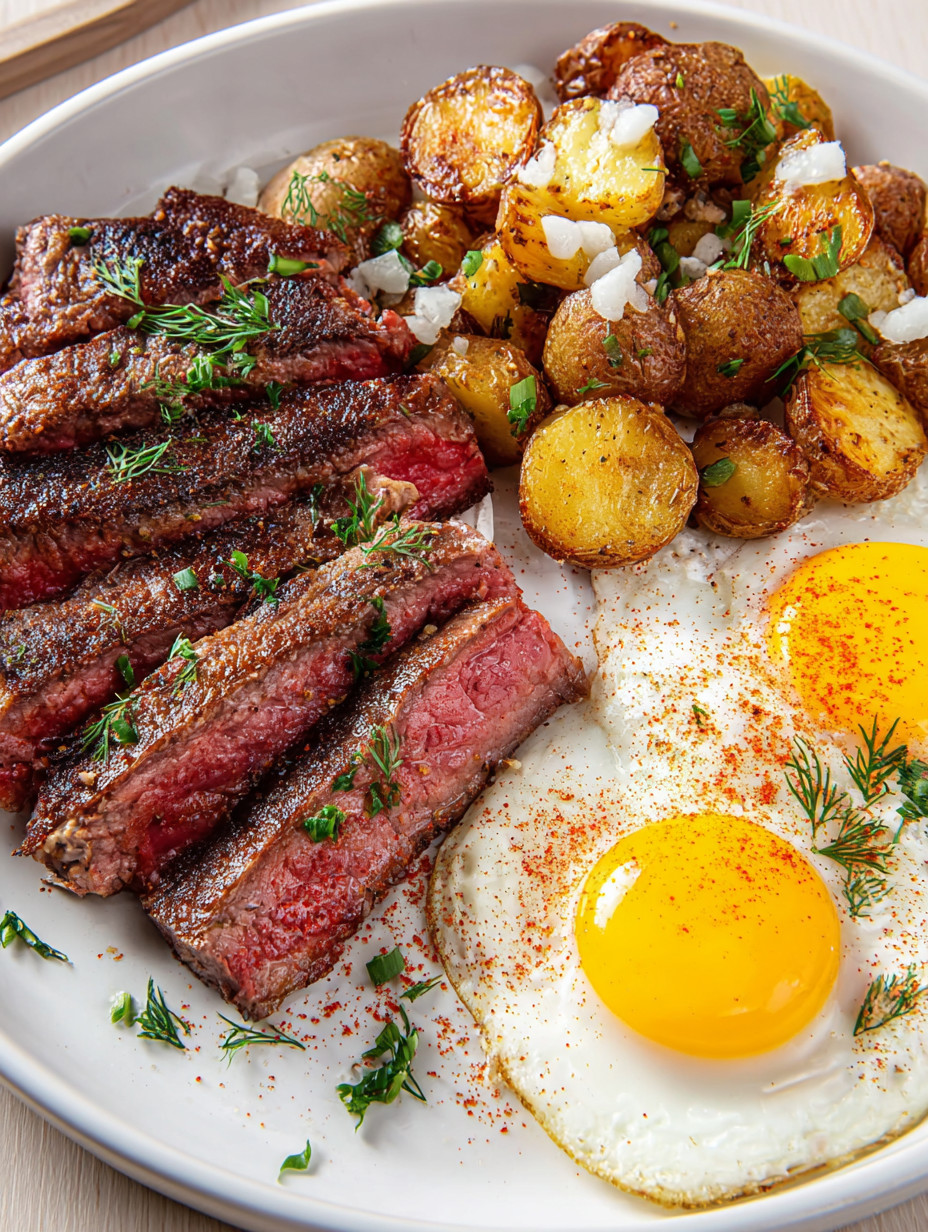 A plate of steak and eggs.