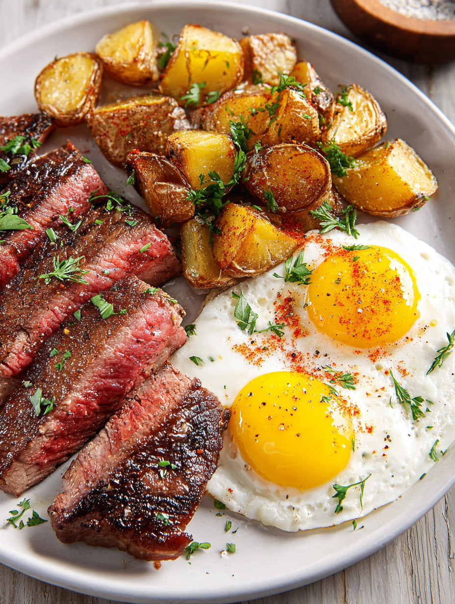 A plate of steak and eggs.