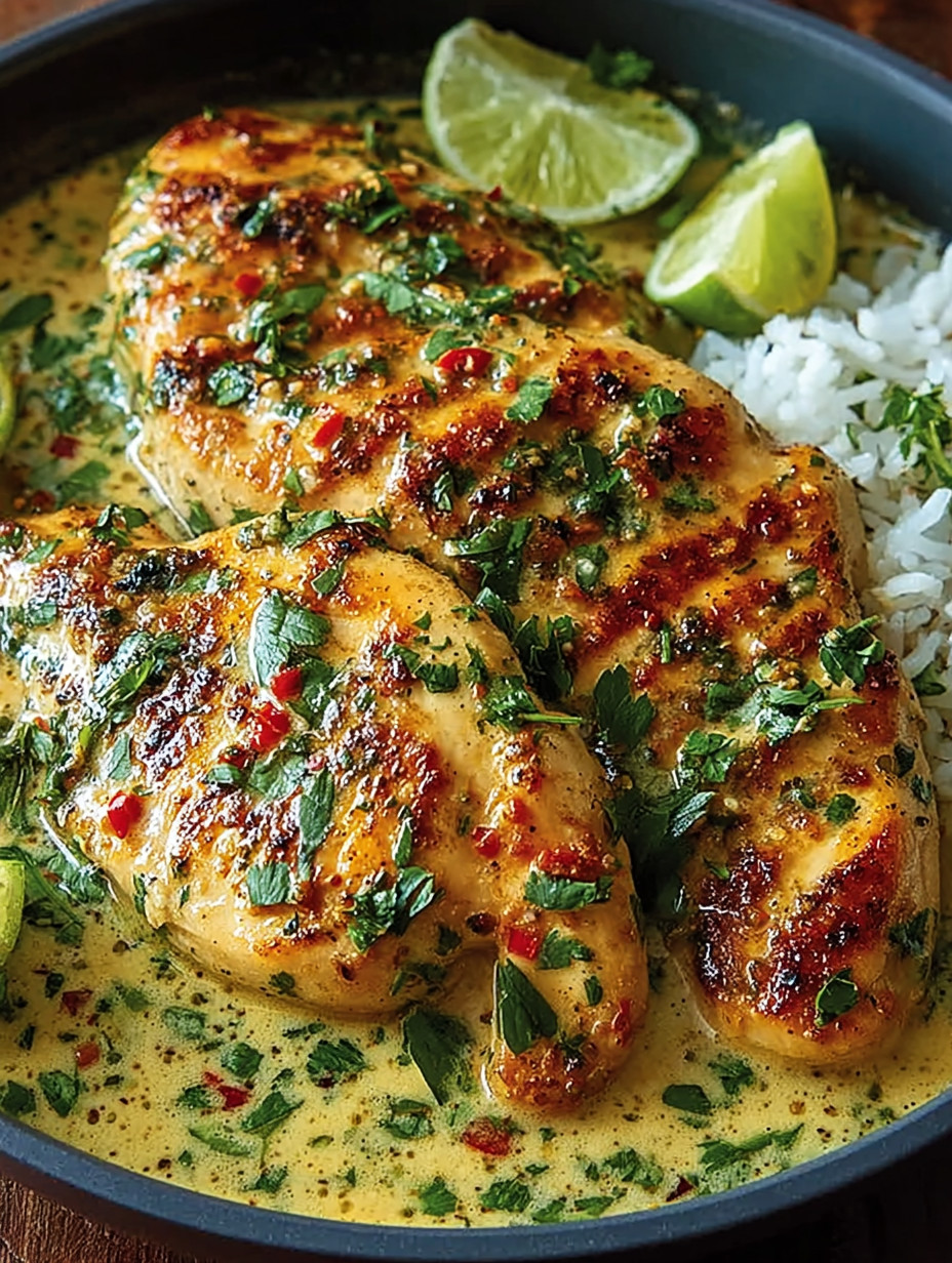 A dish of chicken with a creamy cilantro lime sauce.