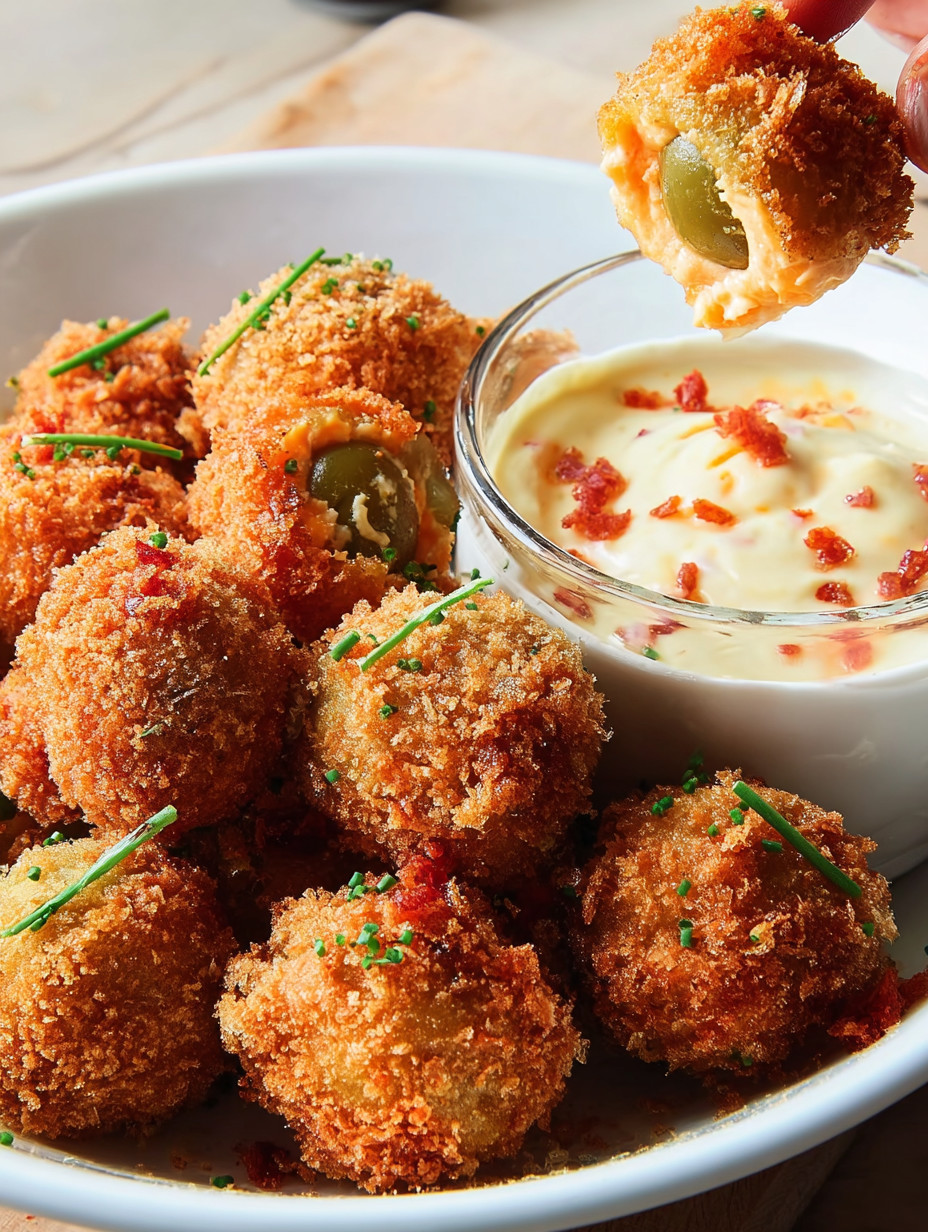 A bowl of Pimento Cheese Fried Olives.