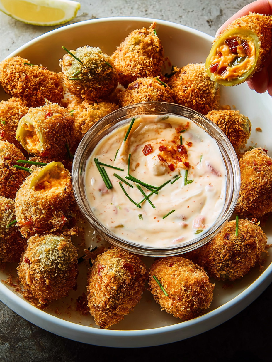 A bowl of fried olives with pimento cheese.