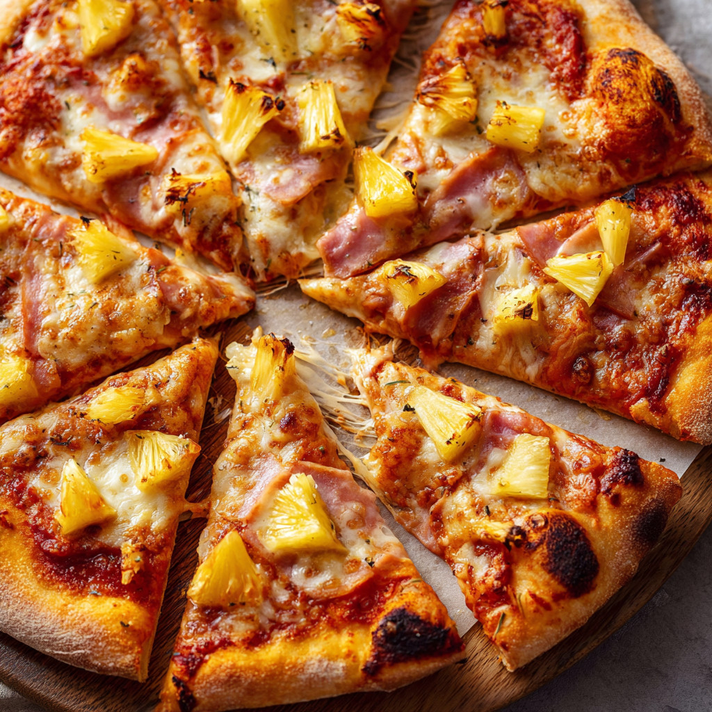 A pizza with a pineapple topping.