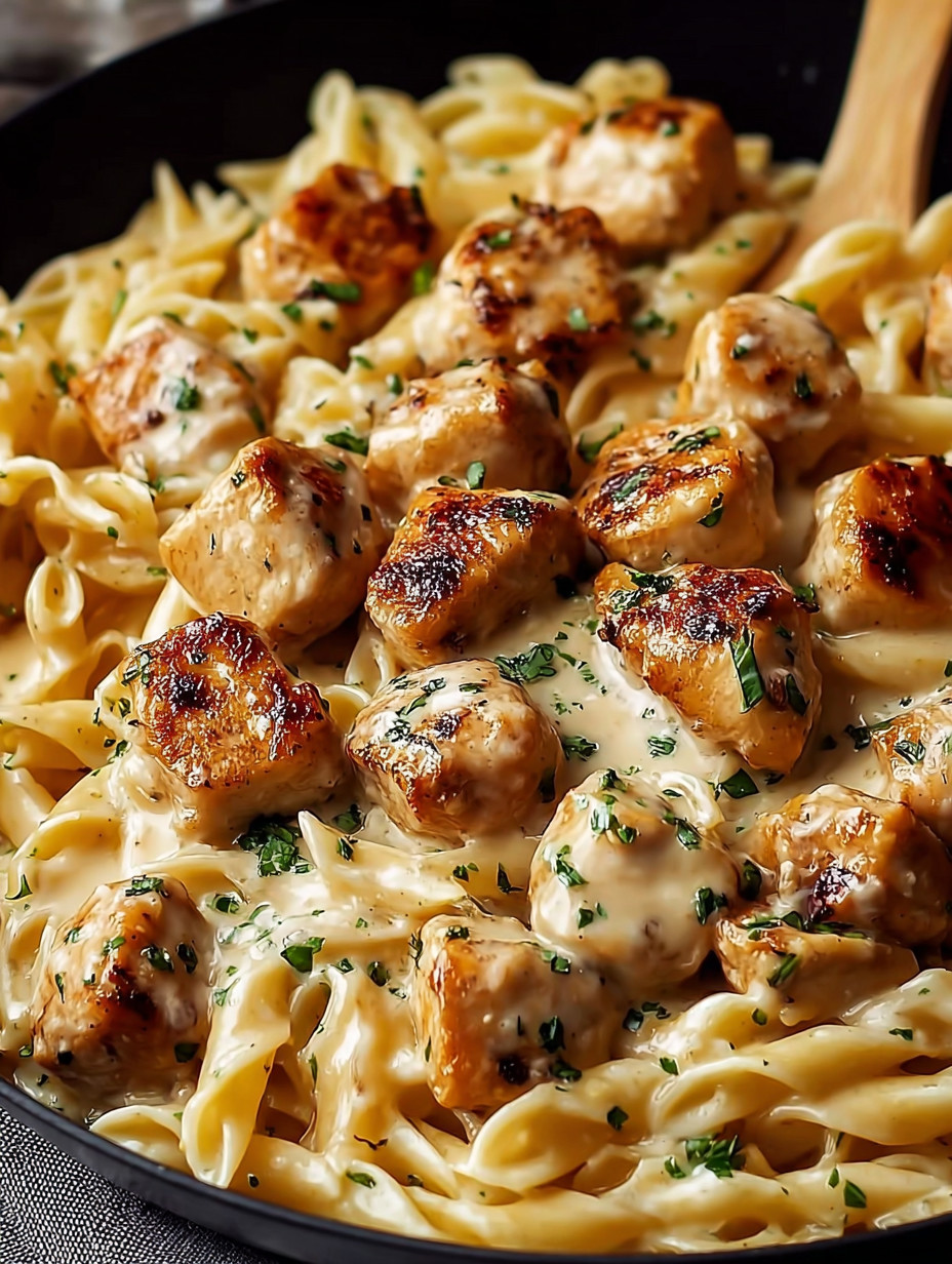A dish of garlic butter chicken bites with creamy parmesan pasta.