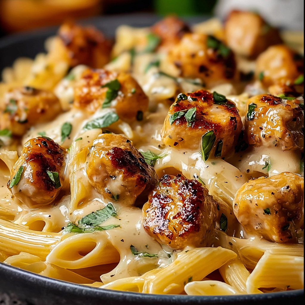 A plate of garlic butter chicken bites and creamy parmesan pasta.