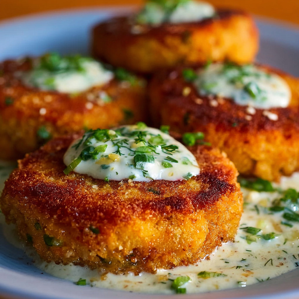 A plate of salmon patties with creamy lemon-garlic sauce.
