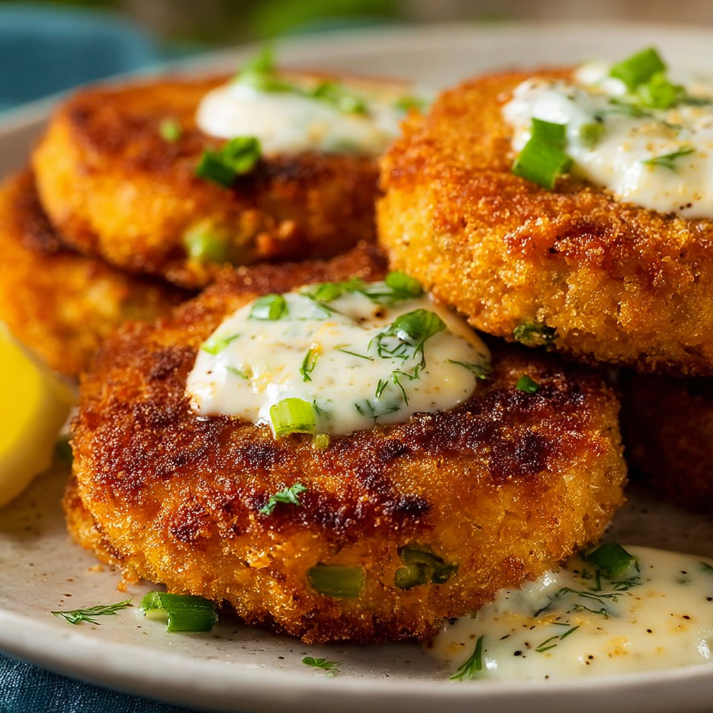 A plate of salmon patties with creamy lemon-garlic sauce.