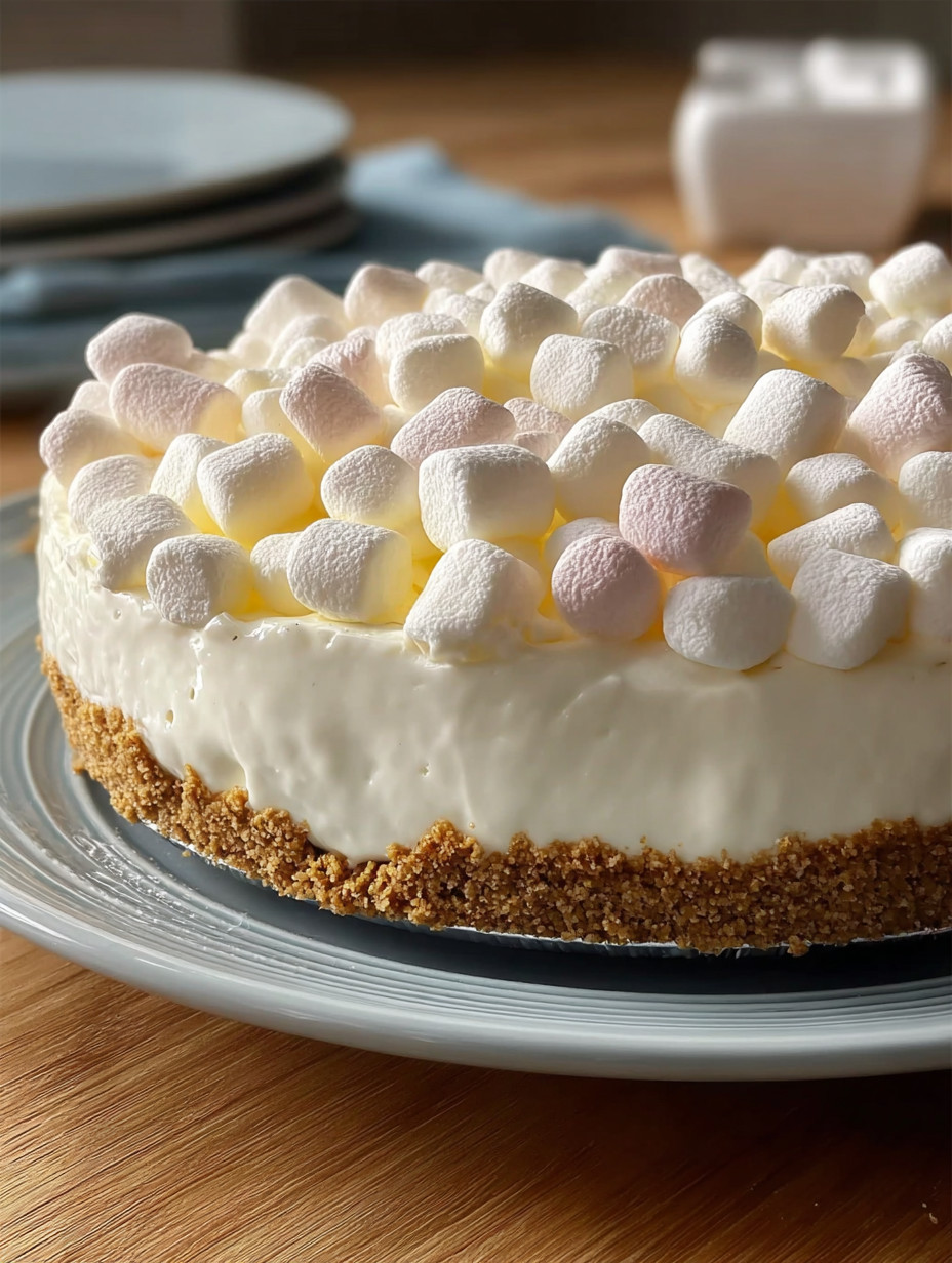 A slice of a no-bake marshmallow cheesecake.