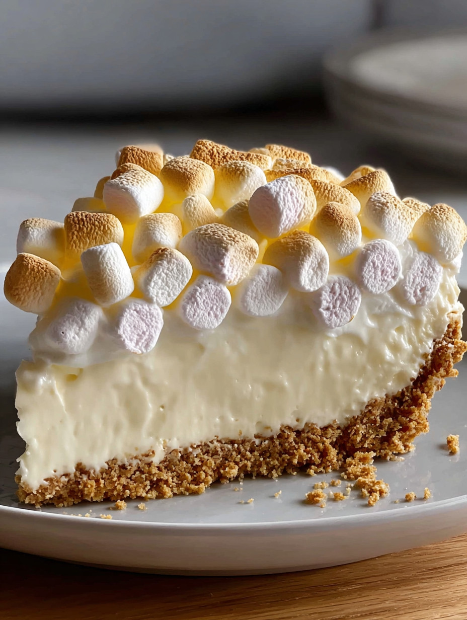 A slice of a no-bake marshmallow cheesecake.