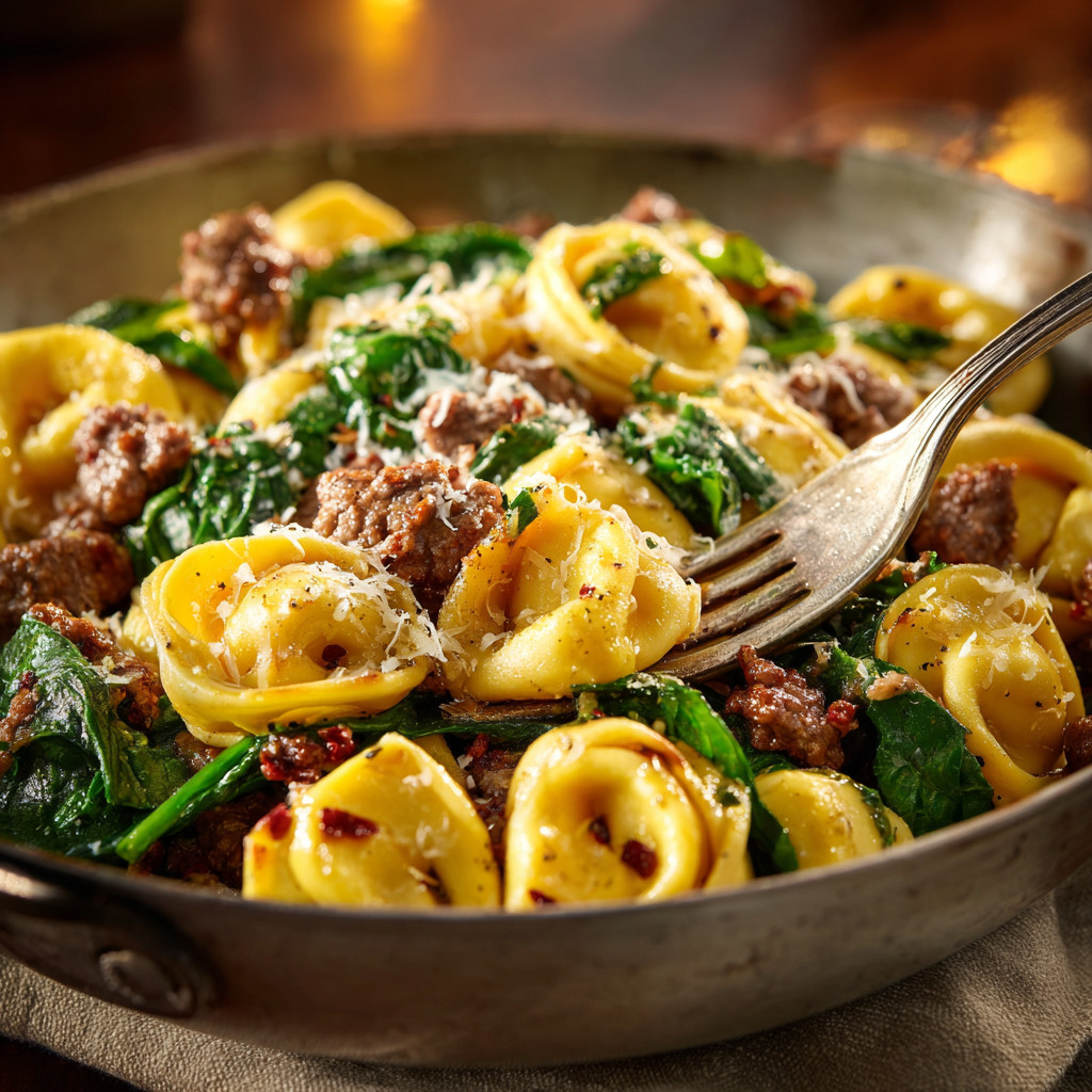 A pan of savory garlic butter beef and spinach tortellini.