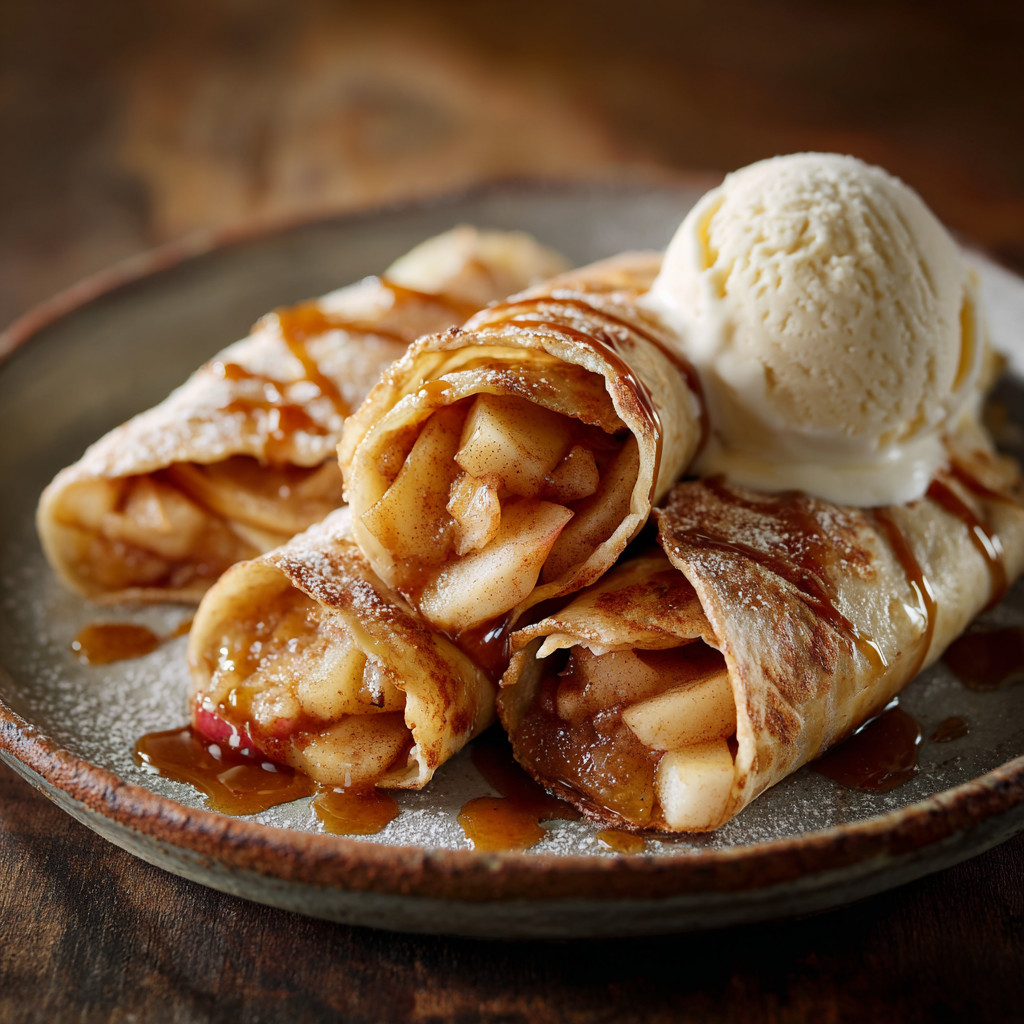 A plate of apple pie tortilla wraps with brown sugar butter.