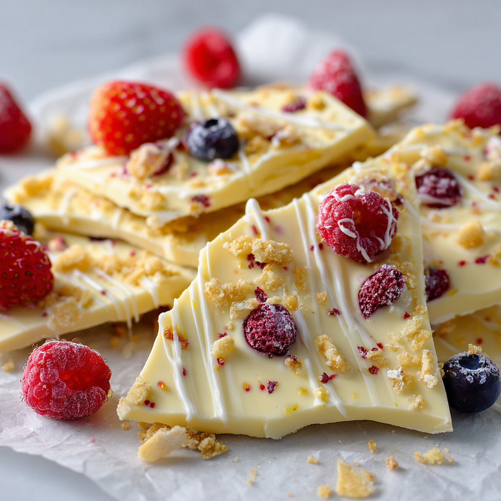 A close up of a dessert with raspberries and blueberries.
