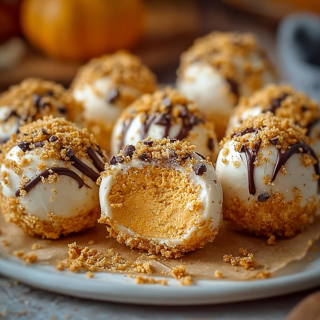 No-bake pumpkin cheesecake balls on a plate.