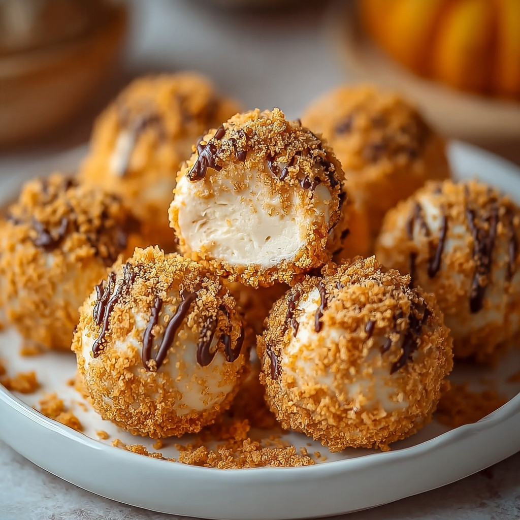 A plate of cheesecake balls with chocolate drizzle.