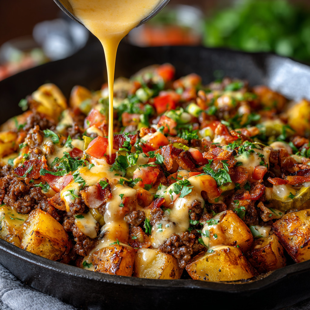 A loaded cheeseburger potato skillet with creamy cheese sauce.