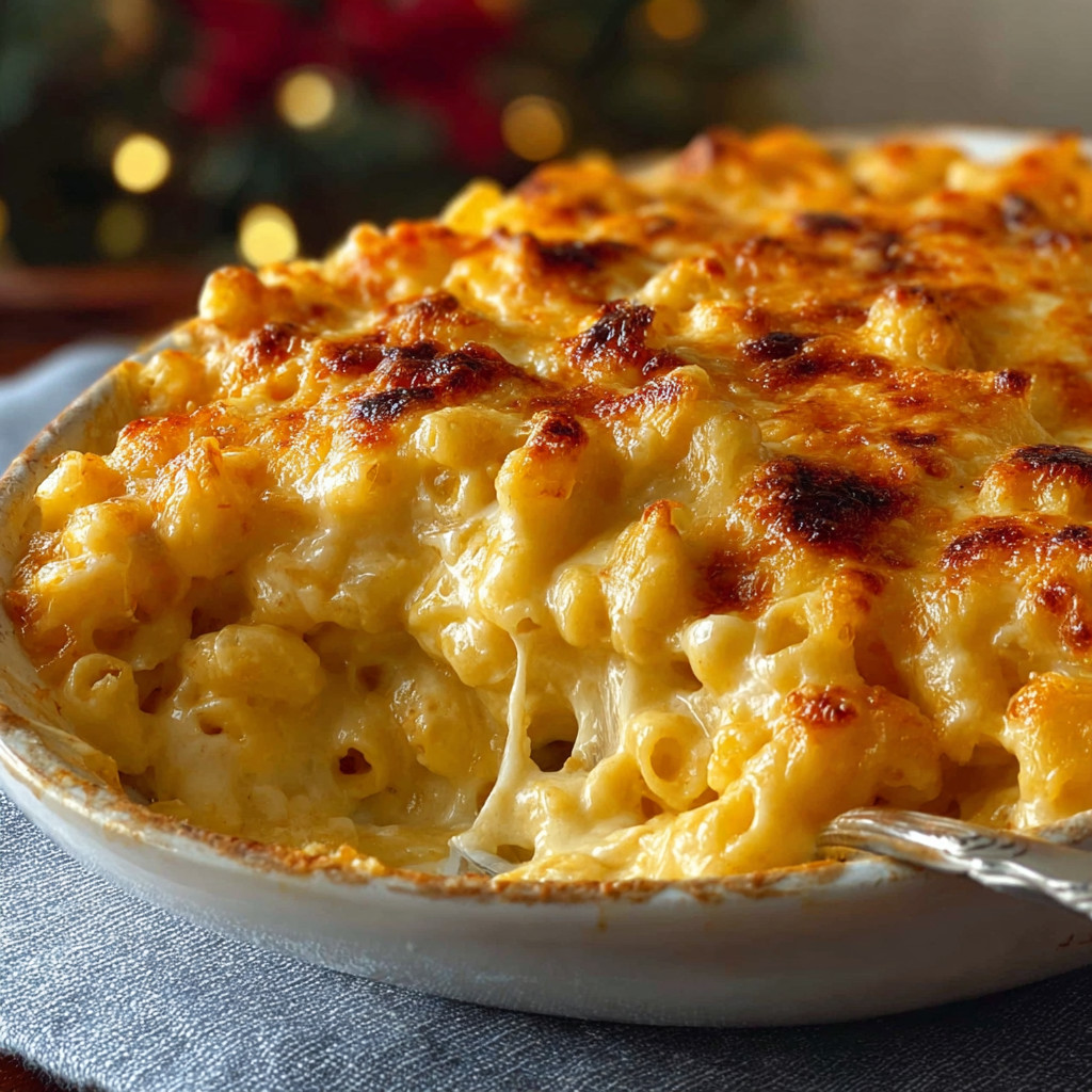 A white plate with a creamy baked macaroni and cheese.