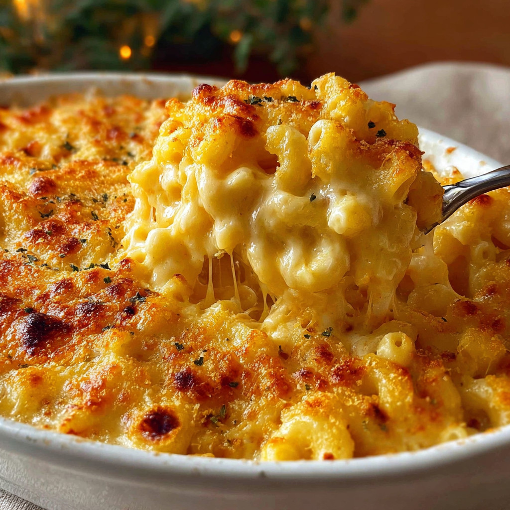 A bowl of creamy baked macaroni and cheese.