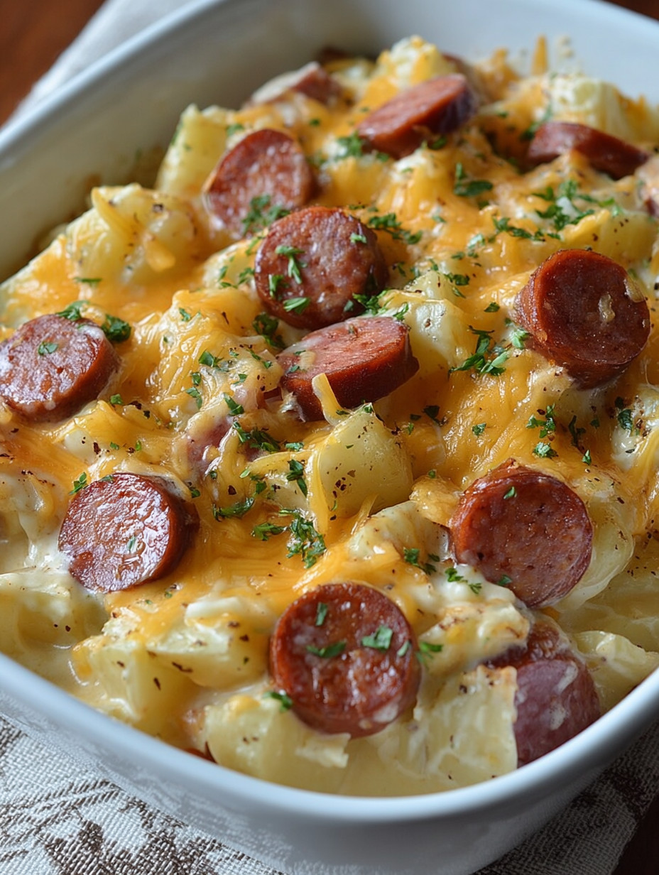A dish of sausage and cheese covered potatoes.