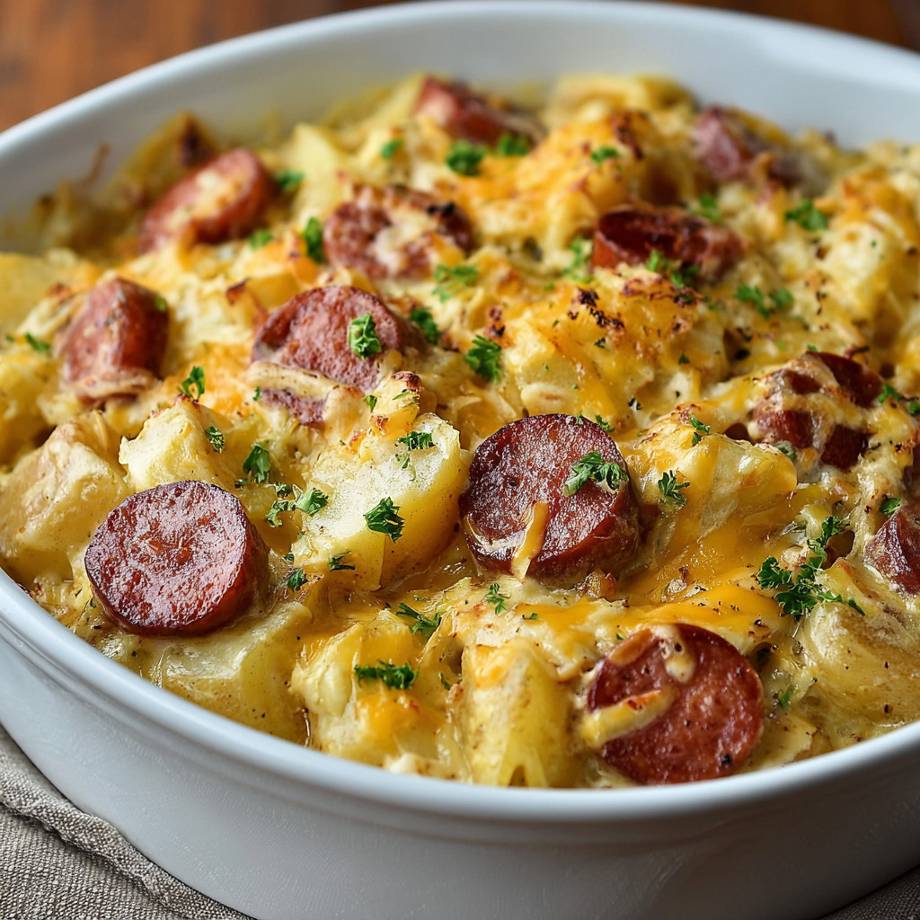A white bowl filled with a cheesy potato casserole.