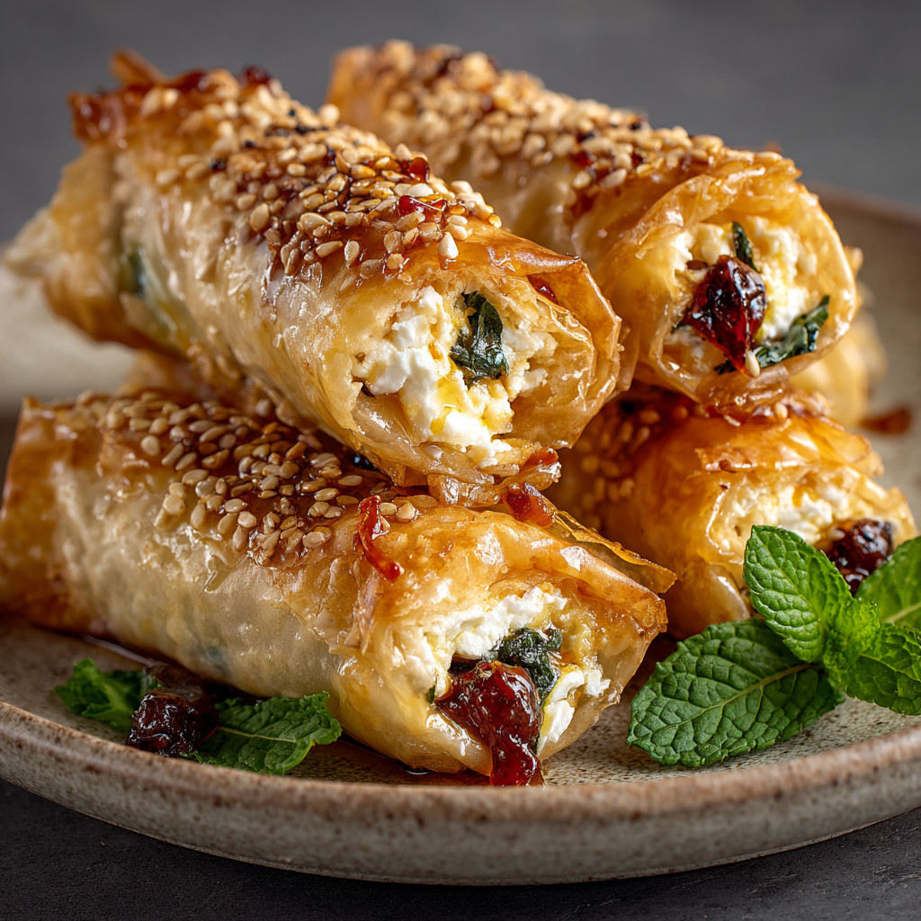 Oven fried feta rolls with chili honey.