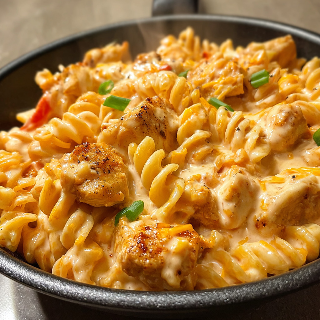 A skillet of pasta with chicken and sauce.