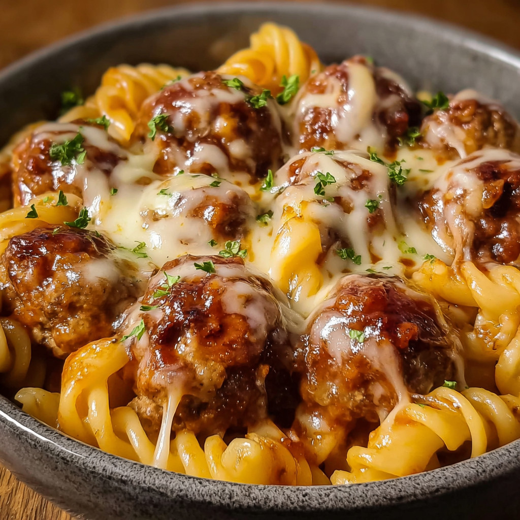 A bowl of BBQ honey garlic ranch meatball pasta.