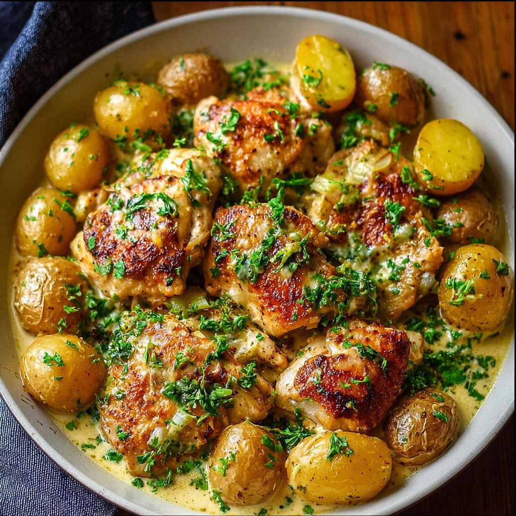 A bowl of garlic Parmesan chicken and potatoes.