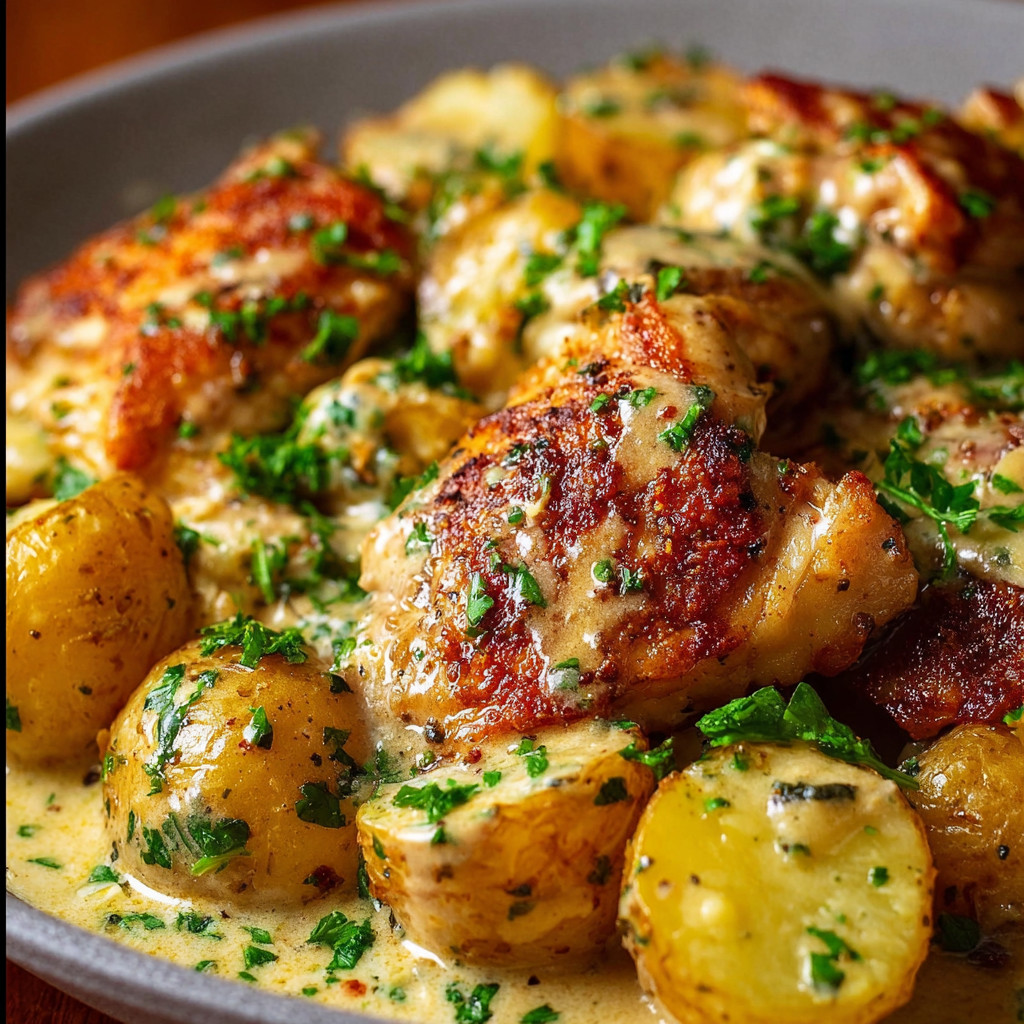 A plate of garlic Parmesan chicken and potatoes.