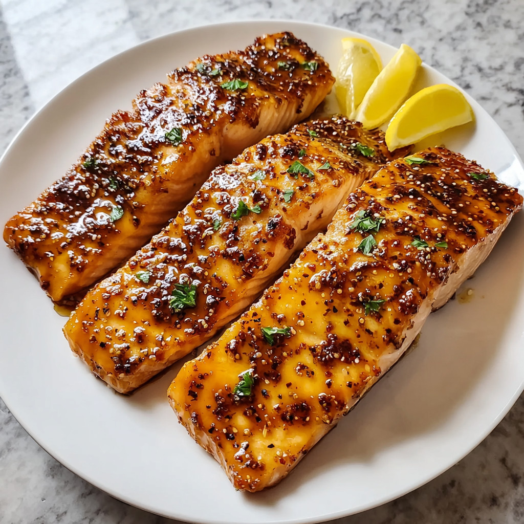 A plate of grilled salmon with honey mustard glaze.