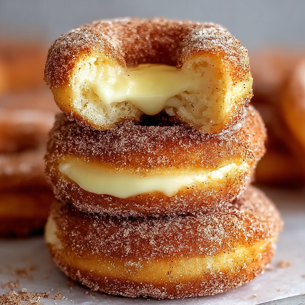 A stack of churro cheesecake donuts.
