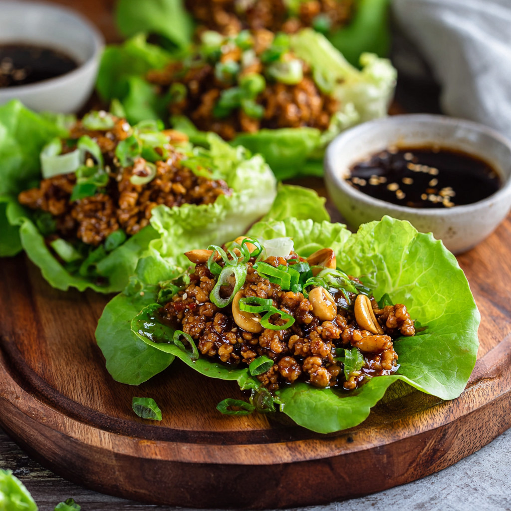 A plate of lettuce wraps with meat and sauce.