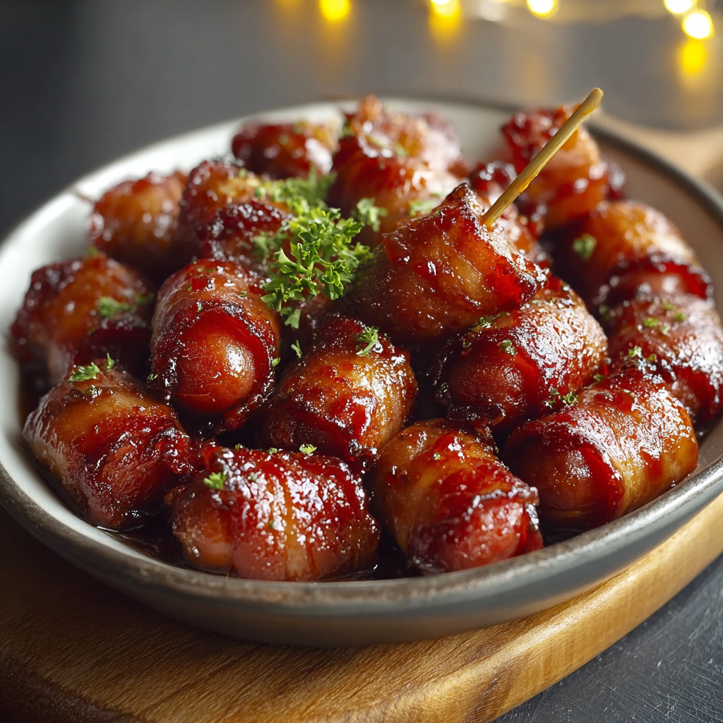 A plate of bacon wrapped meatballs.