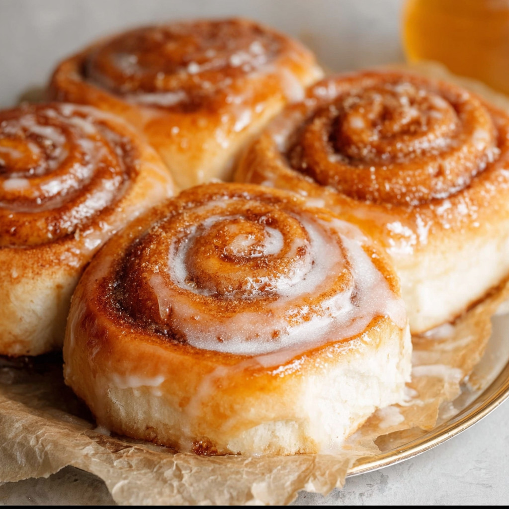 Four homemade honey buns on a plate.