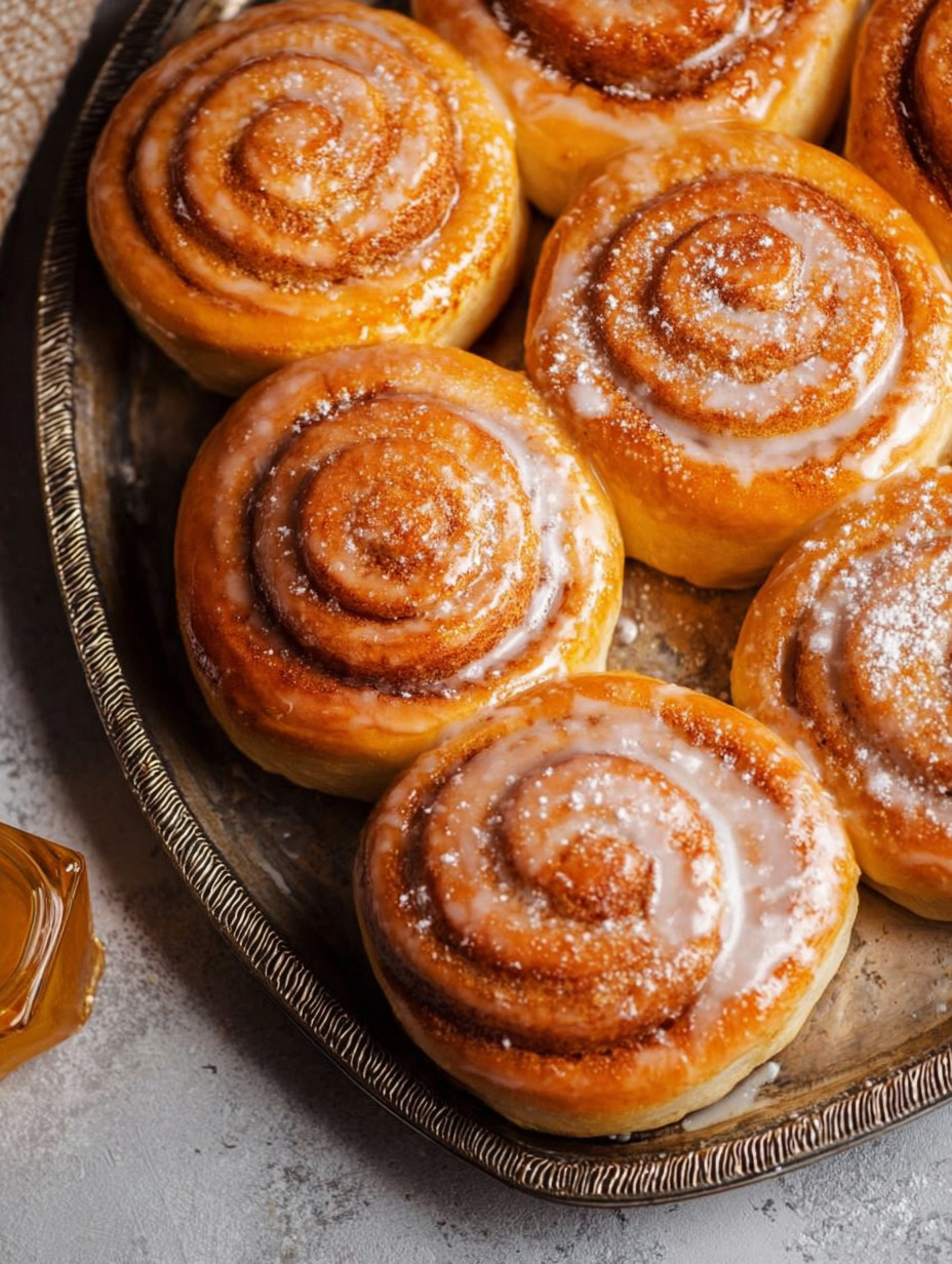 A plate of honey buns with powdered sugar on top.
