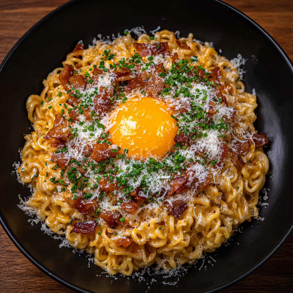 A bowl of Ramen Carbonara with a fried egg on top.