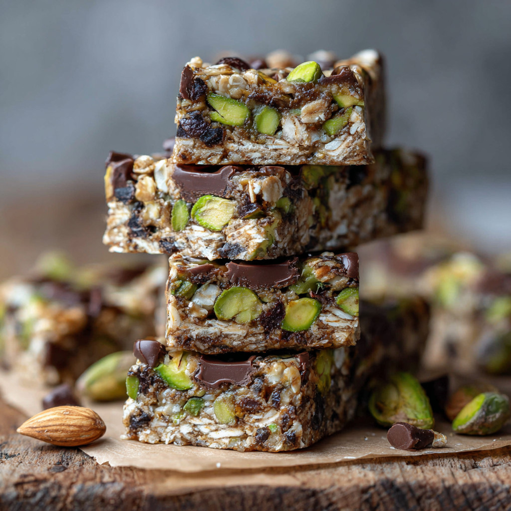 Three stacked bars of dark chocolate and pistachio energy bars.